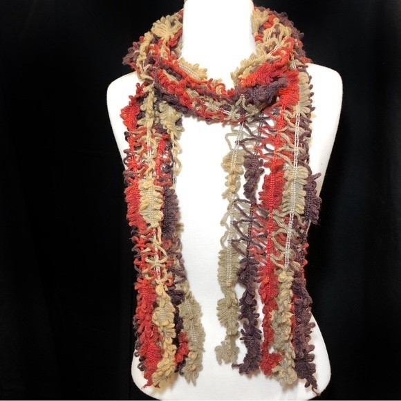 Brown Tan Rust Crochet Yarn Open Weave Long Stripe Scarf - Picture 1 of 6